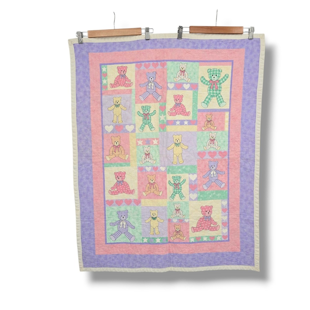 Vintage Pastel Teddy Bear Baby Quilt Reversible Patchwork Pink Purple 34x42